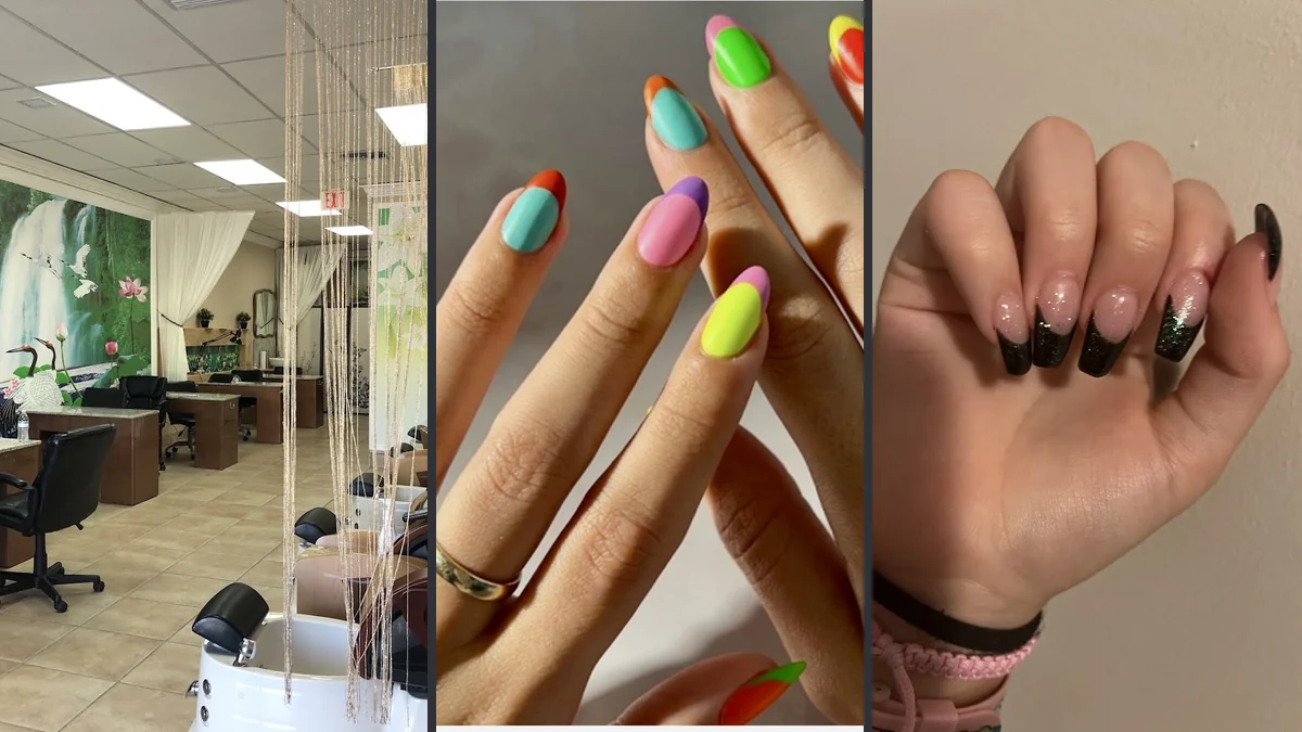 Close-up of fresh dipping powder nails.